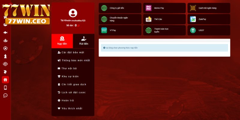 77win hỗ trợ người chơi nạp rút tiền với nhiều cách
